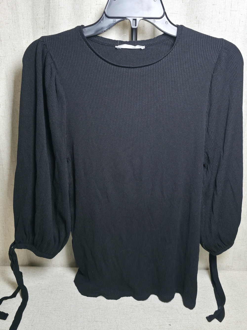 Mango Black Ribbed Puff-Sleeve Long Sleeve Top with Ties